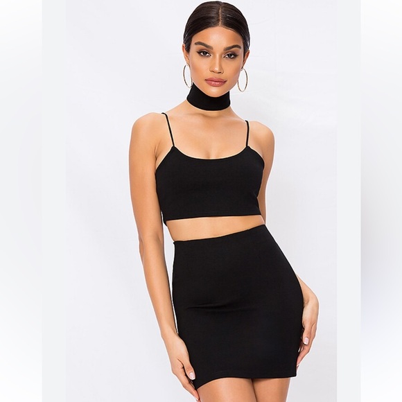 Women’s 2 Piece Set Black Crop Top & Belted Skirt w/ Jeweled Choker Clubwear - Picture 1 of 12